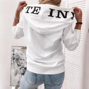 Women's white casual oversized hoodie with black letter print on hood, stylish back view