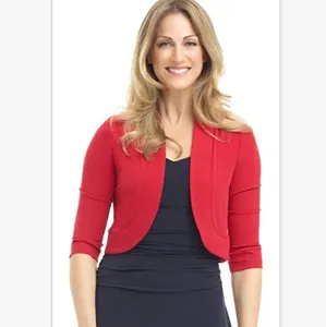 Close-up of elegant red cropped shrug with 3/4 sleeves for women, minimalist open front design.