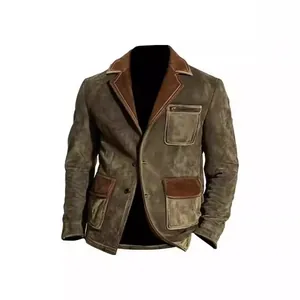 Close-up detail of a vintage men's suede jacket featuring a multi-pocket casual design