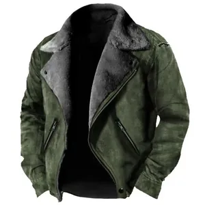 Detailed view of men's thickened green shearling jacket featuring lapel and zipper