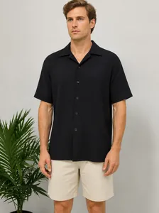 Men's summer short-sleeved casual button-down shirt in solid black textured fabric