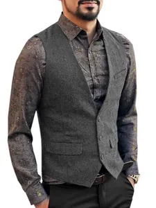 Classic men's charcoal grey herringbone tweed waistcoat vest with V-neck and button closure
