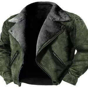 Men's winter shearling jacket with green suede finish and thick faux fur lining.