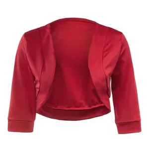 Elegant red solid color cropped bolero shrug cardigan with 3/4 sleeves for women