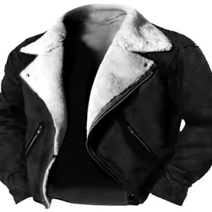 Detailed view of men's shearling jacket with warm white fleece lining and lapel.