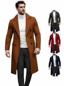 Men British Style Double Breasted Woolen Look Overcoat Business Casual Mid-Length Trench Coat Slim Fit Fashion Outerwear