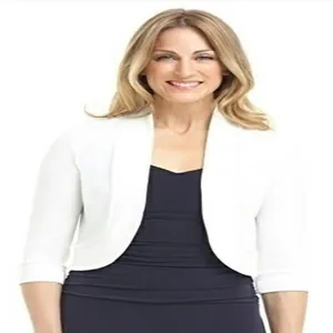 Detail view of a white cropped bolero shrug cardigan for women with a slim fit.
