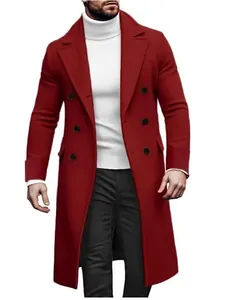 Elegant men's red double-breasted wool overcoat for business and casual wear style.