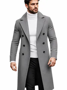 Men's business casual long wool coat double-breasted grey British style jacket