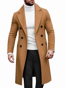 Elegant men's double-breasted wool blend coat in camel brown for business casual wear