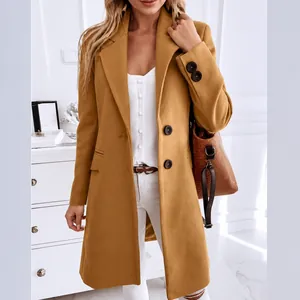 Women's Mid-Length Woolen Coat Slim Fit Lapel Collar Solid Color Top Office Commuter Fashion Jacket With Pockets