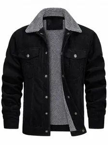 Classic men's black corduroy jacket featuring warm gray fleece lining and lapel collar