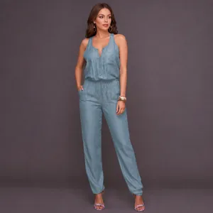 Fashionable sky blue sleeveless denim jumpsuit with cinched waist and wide leg design
