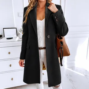 Elegant women's slim fit black wool coat with lapel collar for stylish autumn winter wear