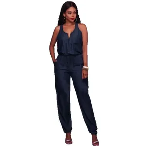 Stylish slim fit dark blue denim jumpsuit with waist-cinching vest design