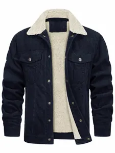 Men's navy blue corduroy jacket with warm fleece lining and turndown collar