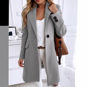 Elegant slim fit mid-length gray wool coat with lapel collar for women