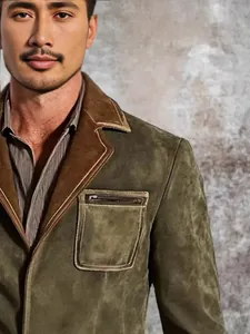 Vintage men's green suede leisure blazer with a rugged multi-pocket workwear design