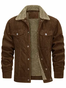 Men's stylish brown corduroy jacket featuring warm fleece lining and casual lapel collar