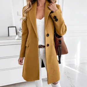 Elegant slim fit mustard yellow mid-length wool coat for women featuring a stylish lapel.