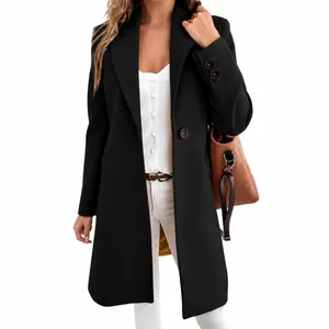 Elegant women's slim fit mid-length woolen coat featuring lapel collar and solid dark color