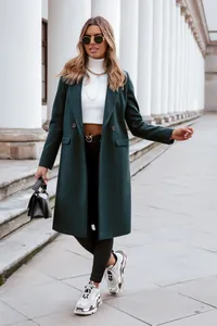 Stylish dark green long wool coat for women featuring a classic lapel collar and slim fit