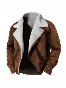 Men Winter Thickened Suede Jacket Faux Shearling Lined Coat Casual Lapel Zipper Outwear Street Trend Plus Size Top