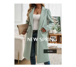 Elegant mint green long woolen coat with notched lapel for women, slim fit style