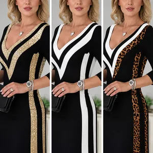 Elegant deep V-neck bodycon dress with gold sequin, white, or leopard print panels.