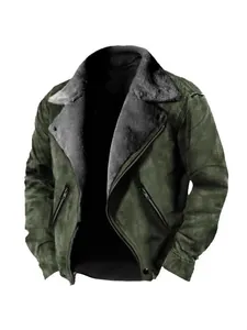 Men's vintage green faux shearling jacket with grey fur lining and zipper pockets