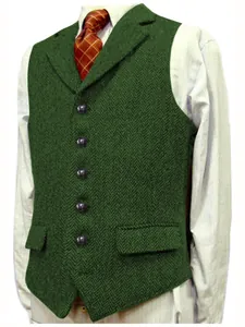 Gilet classique en tweed à chevrons vert pour homme avec revers à boutonnage simple