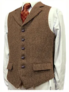 Élégant gilet en tweed marron à chevrons pour hommes avec revers classique et boutons