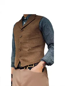Herren Fischgräten-Tweed Weste Slim Fit Einreihige Anzugweste Business Casual Ärmellose Jacke Top