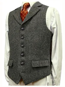Gilet classique en tweed gris à chevrons pour hommes avec col à revers élégant
