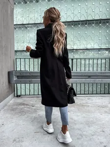 Back view of a women's long black woolen coat with a stylish suit collar and slim fit design