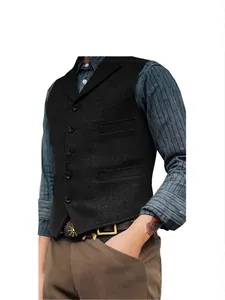 Klassische Herrenweste aus schwarzem Fischgrät-Tweed mit einreihiger Knopfleiste
