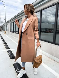 Detailed side view of a stylish long camel wool coat for women featuring a professional suit collar