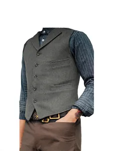 Hochwertige Herrenweste aus Fischgräten-Tweed mit klassischem einreihigem Design und Revers