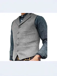 Klassische graue Fischgräten-Weste für Herren mit einreihigem Design und Revers-Kragen
