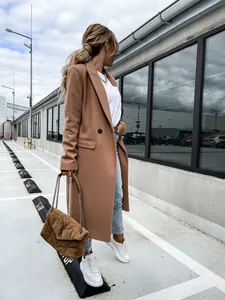 Detail of camel long woolen coat with suit collar for women's autumn and winter fashion.