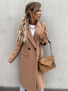 Detailed view of a women's camel wool long coat with classic notched lapel styling