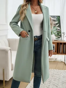 Women's Autumn Winter Long Woolen Coat Notched Lapel Slim Fit Trench Overcoat Polyester Blend Solid Color Outwear Top