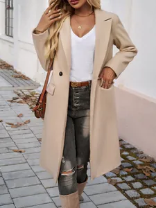 Elegant women's long khaki woolen coat for autumn and winter outdoor street style.