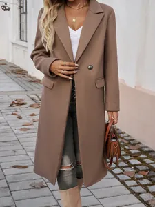 Elegant brown long-line woolen coat with notched lapel for autumn and winter.