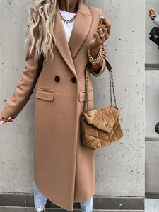 Elegant camel-colored long wool coat for women featuring a lapel collar and slim fit design