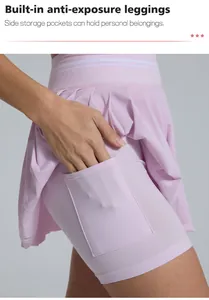 Detail of built-in pocket and anti-exposure leggings in pink tennis skirt