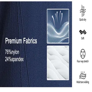 Close-up detail of navy blue high-stretch yoga fabric with quick-dry features.