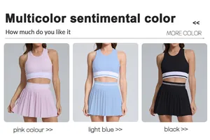 Three-color display of high-waisted pleated tennis skirt and matching tank top set