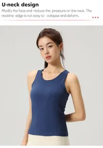 Close-up of a blue U-neck yoga tank top highlighting the durable neckline design