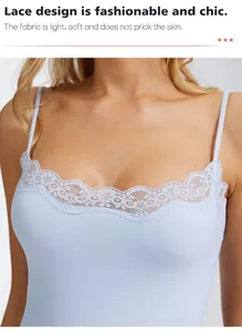 Close-up of light blue lace camisole bodysuit with elegant floral lace trim detail.